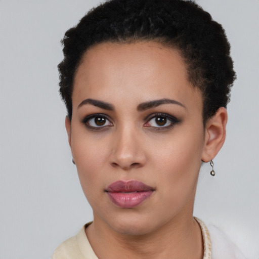 Neutral latino young-adult female with short  brown hair and brown eyes
