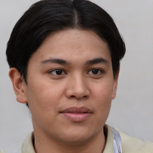 Joyful asian young-adult female with short  brown hair and brown eyes