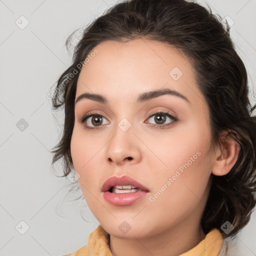 Neutral white young-adult female with medium  brown hair and brown eyes