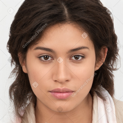 Neutral white young-adult female with medium  brown hair and brown eyes