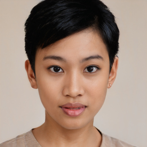 Neutral asian young-adult female with short  black hair and brown eyes