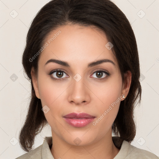 Neutral white young-adult female with medium  brown hair and brown eyes