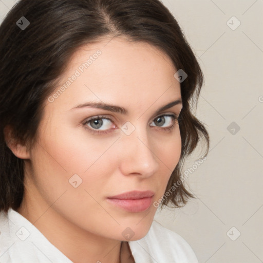 Neutral white young-adult female with medium  brown hair and brown eyes