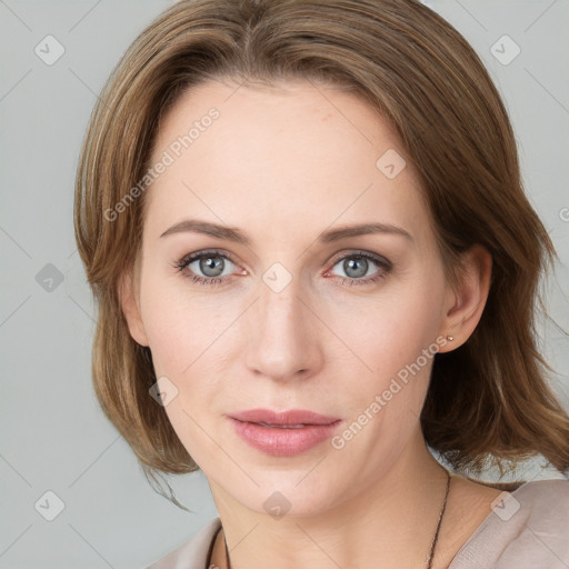 Neutral white young-adult female with medium  brown hair and blue eyes