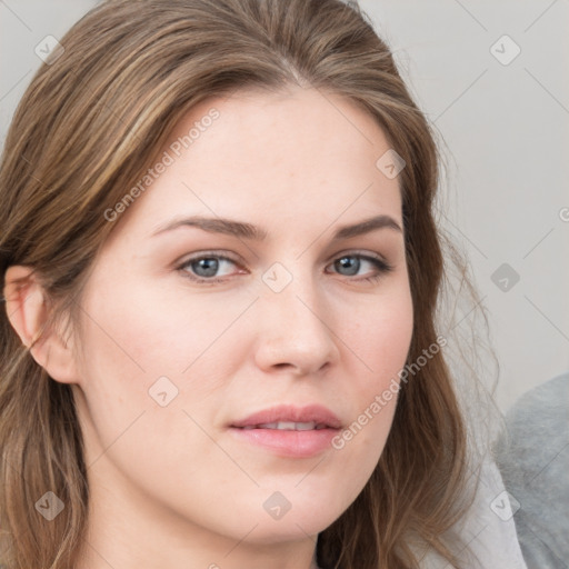 Neutral white young-adult female with long  brown hair and grey eyes