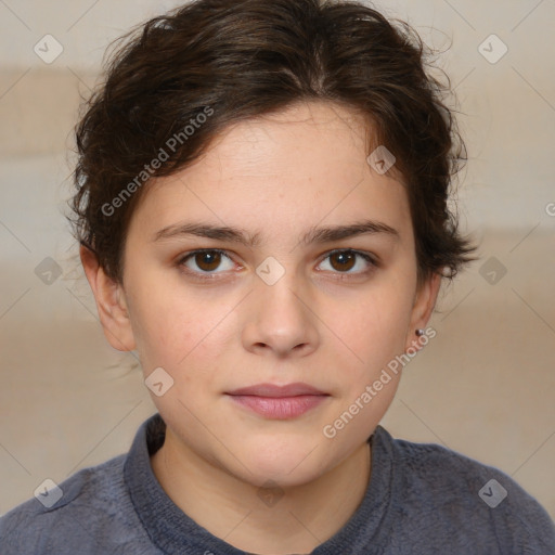 Joyful white child female with medium  brown hair and brown eyes