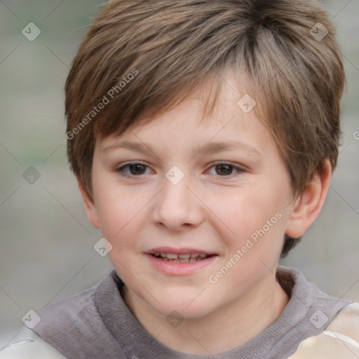 Joyful white child female with short  brown hair and brown eyes