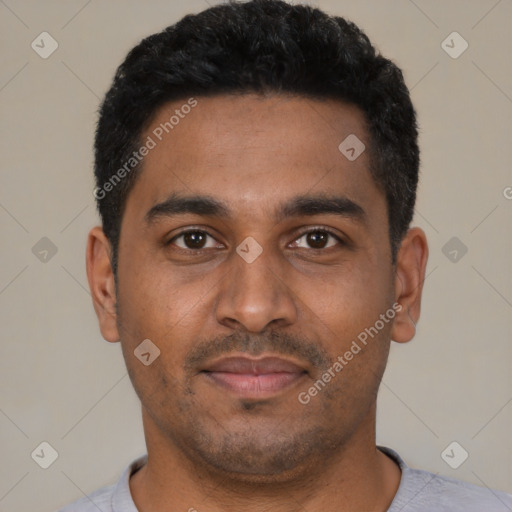 Neutral black young-adult male with short  black hair and brown eyes