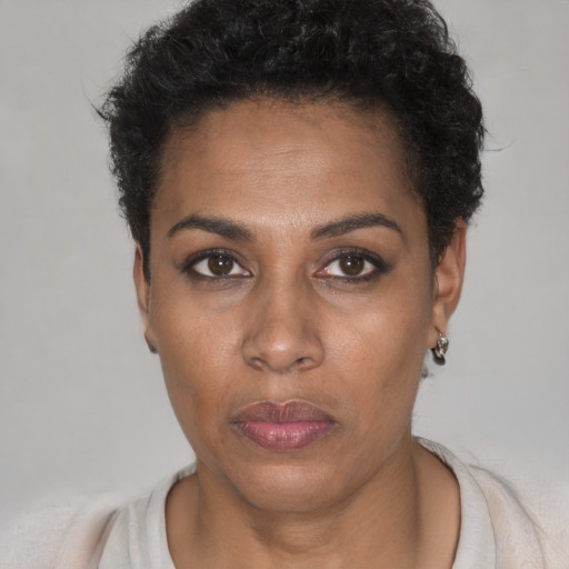 Neutral black young-adult female with short  black hair and brown eyes