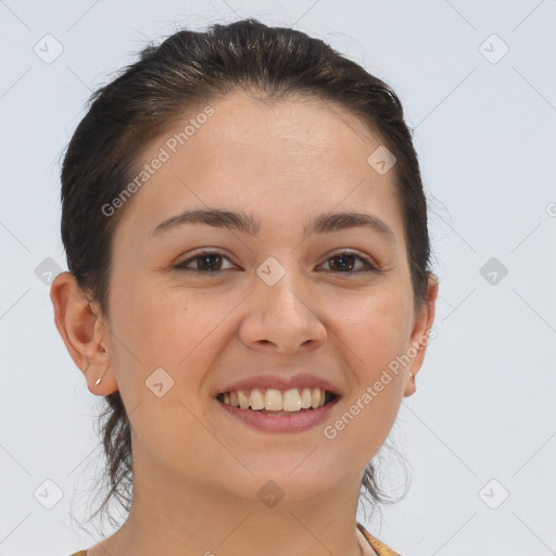 Joyful white young-adult female with medium  brown hair and brown eyes