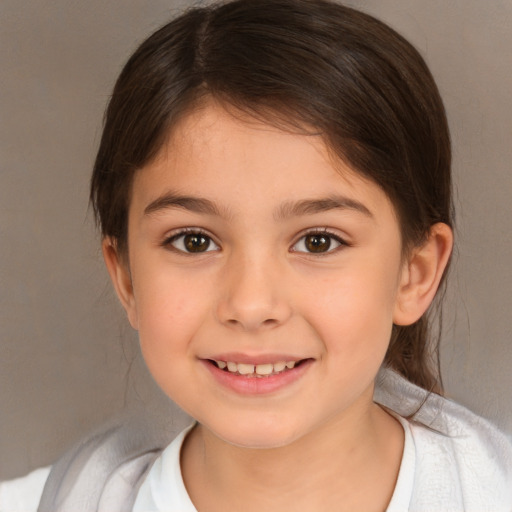 Joyful white child female with medium  brown hair and brown eyes