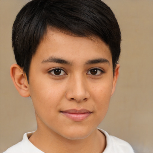 Joyful latino young-adult male with short  brown hair and brown eyes
