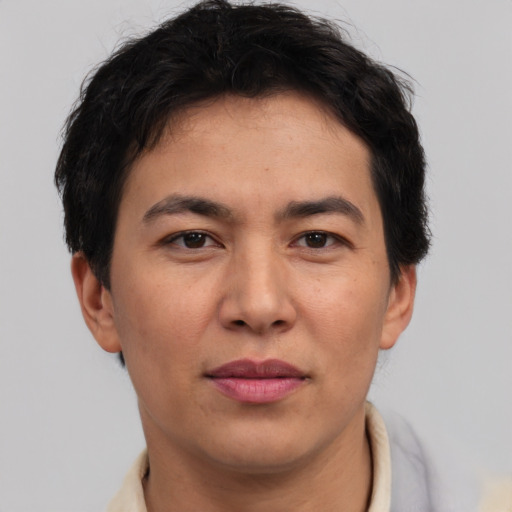 Joyful asian adult male with short  brown hair and brown eyes