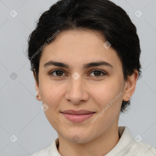 Joyful white young-adult female with short  brown hair and brown eyes