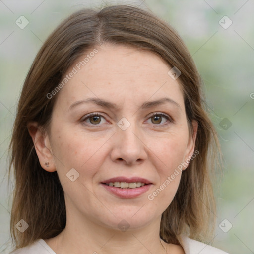 Joyful white adult female with medium  brown hair and grey eyes