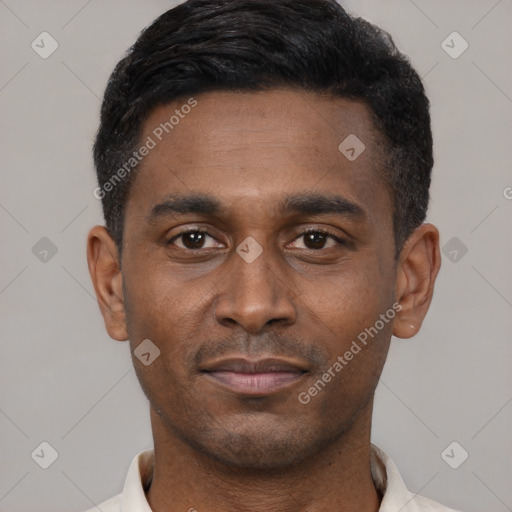 Neutral latino young-adult male with short  black hair and brown eyes