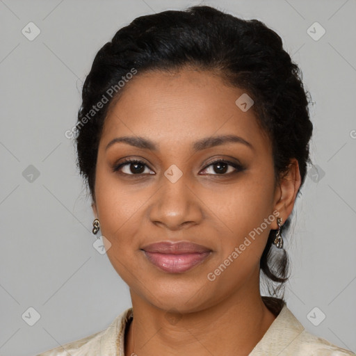 Joyful black young-adult female with medium  black hair and brown eyes