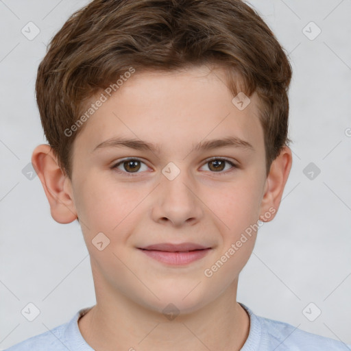 Joyful white child male with short  brown hair and brown eyes