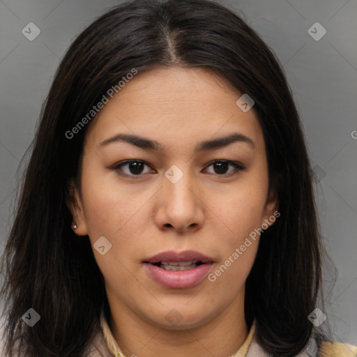 Neutral asian young-adult female with long  brown hair and brown eyes