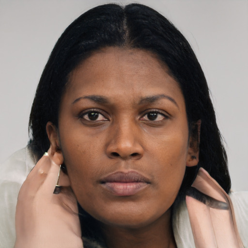 Neutral latino young-adult female with long  black hair and brown eyes