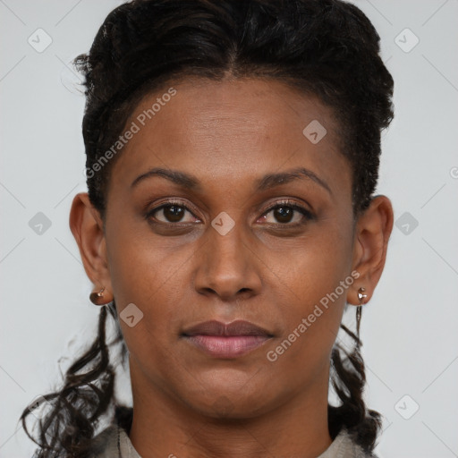 Neutral black young-adult female with short  brown hair and brown eyes