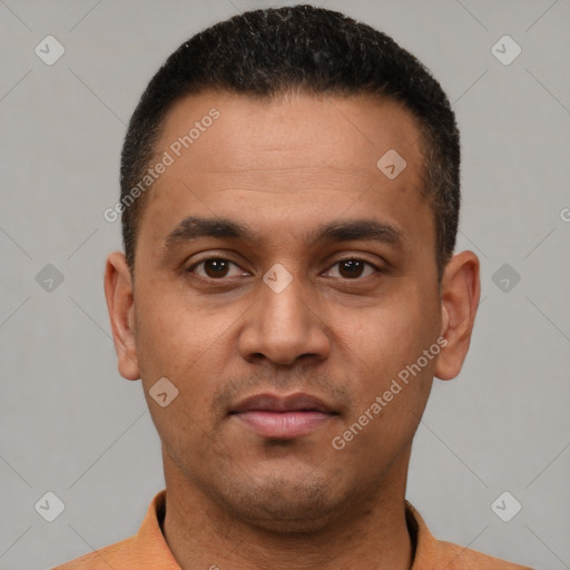 Neutral latino young-adult male with short  brown hair and brown eyes