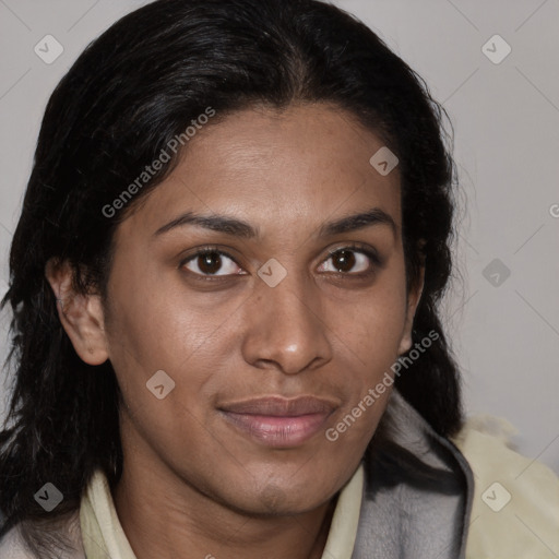 Joyful latino young-adult female with medium  brown hair and brown eyes