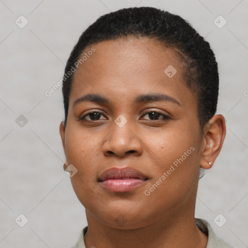 Joyful black young-adult female with short  brown hair and brown eyes