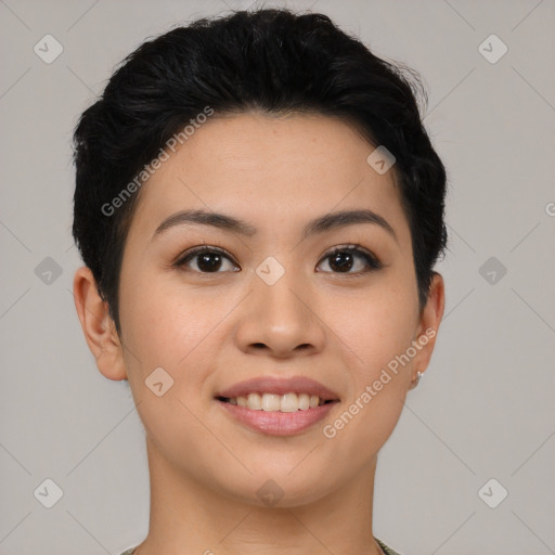 Joyful asian young-adult female with short  black hair and brown eyes