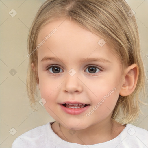 Joyful white child female with medium  brown hair and brown eyes