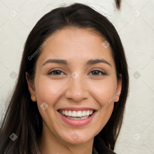 Joyful white young-adult female with long  brown hair and brown eyes