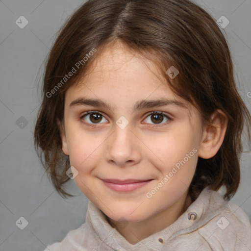 Joyful white child female with medium  brown hair and brown eyes