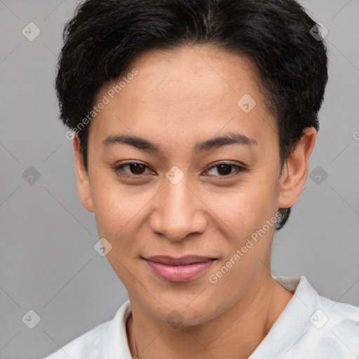 Joyful latino young-adult female with short  brown hair and brown eyes