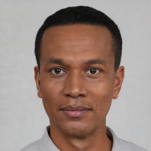 Neutral black adult male with short  black hair and brown eyes