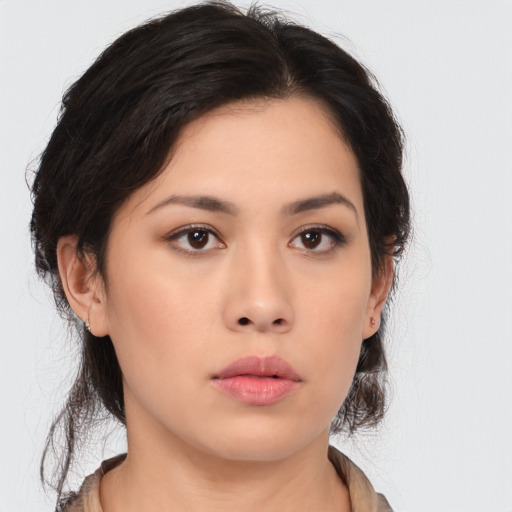 Neutral asian young-adult female with medium  brown hair and brown eyes