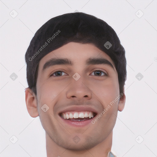 Joyful white young-adult male with short  black hair and brown eyes