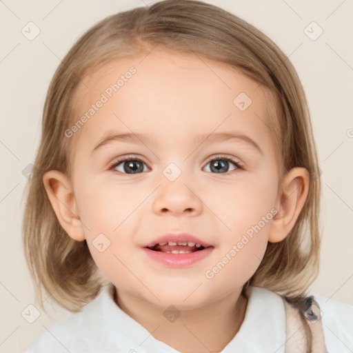 Joyful white child female with medium  brown hair and brown eyes