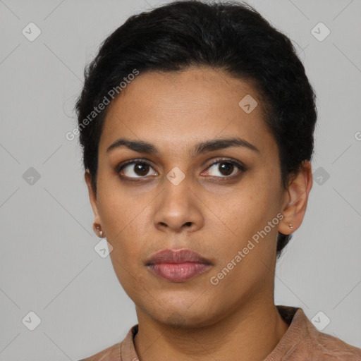 Neutral latino young-adult female with short  black hair and brown eyes