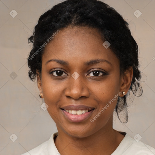 Joyful black young-adult female with medium  black hair and brown eyes