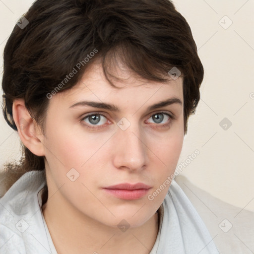 Neutral white young-adult female with medium  brown hair and grey eyes