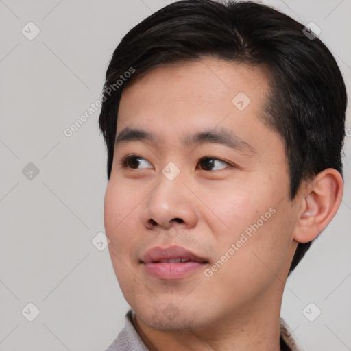 Neutral asian young-adult male with short  black hair and brown eyes