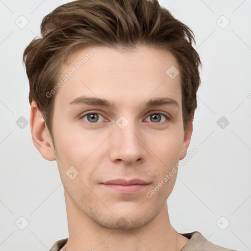 Neutral white young-adult male with short  brown hair and grey eyes