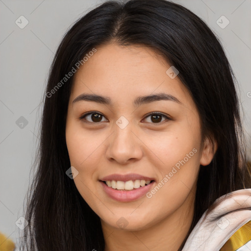 Joyful white young-adult female with long  brown hair and brown eyes