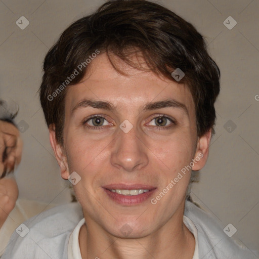 Joyful white adult female with short  brown hair and brown eyes