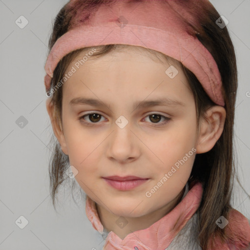 Joyful white child female with medium  brown hair and grey eyes