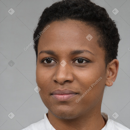 Joyful black young-adult female with short  brown hair and brown eyes