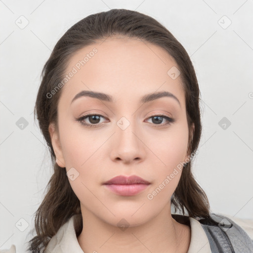 Neutral white young-adult female with medium  brown hair and brown eyes