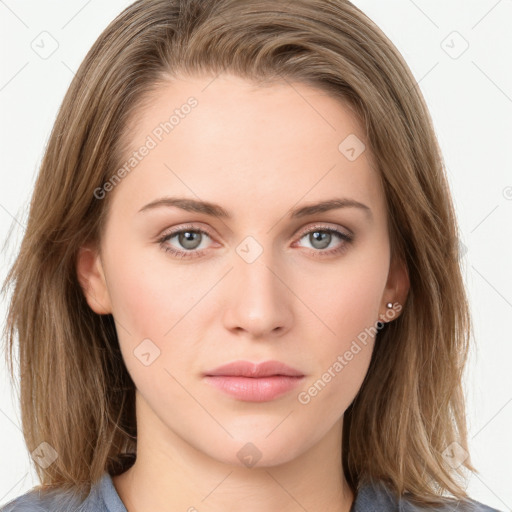 Neutral white young-adult female with medium  brown hair and grey eyes