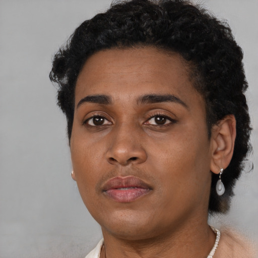 Neutral black young-adult female with short  black hair and brown eyes
