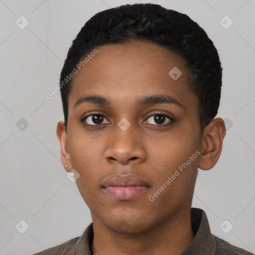 Neutral black young-adult female with short  black hair and brown eyes